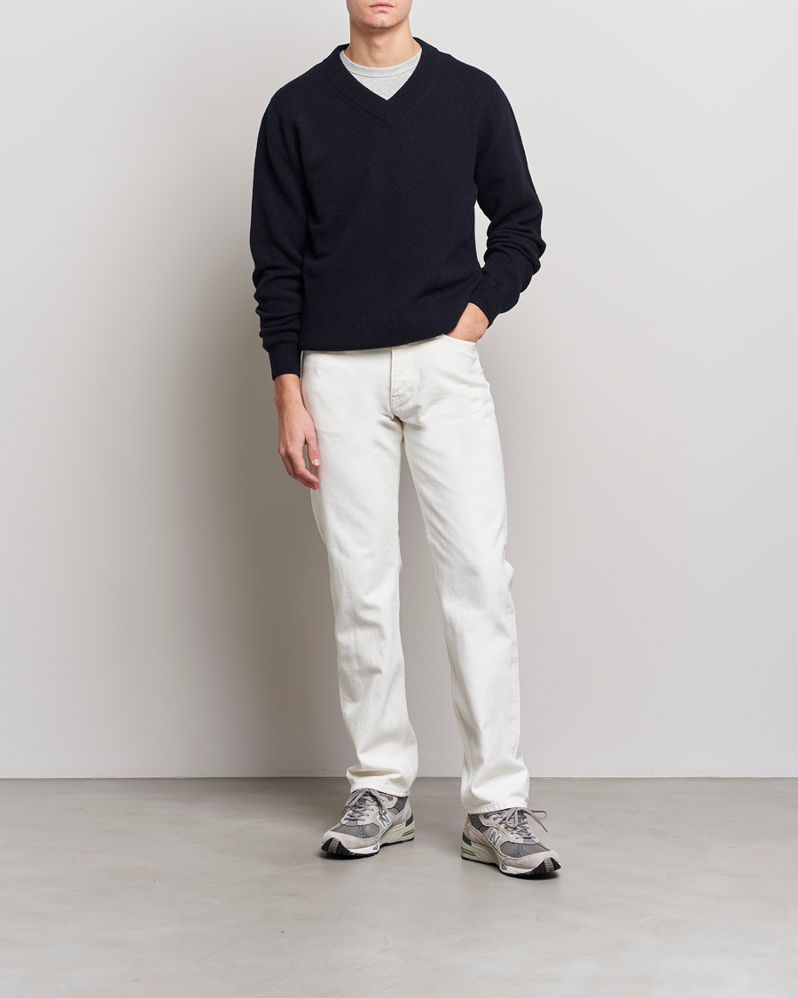 Herre | Trøjer | Sunspel | Lambswool V-Neck Dark Navy Mouline