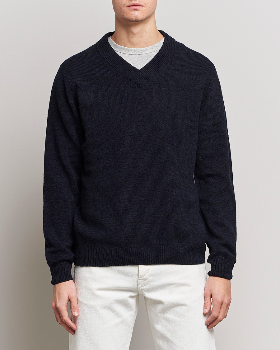 Herre | Trøjer | Sunspel | Lambswool V-Neck Dark Navy Mouline