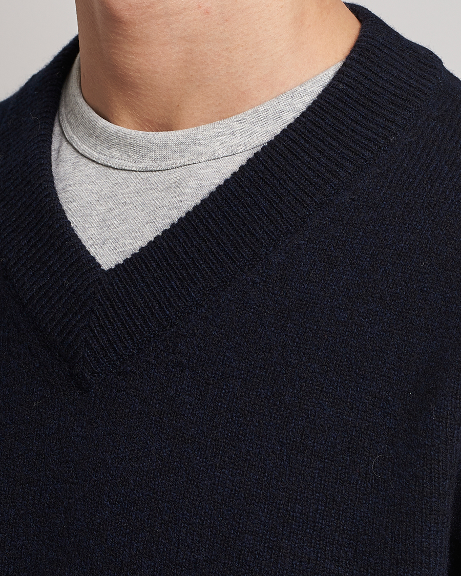 Herre | Trøjer | Sunspel | Lambswool V-Neck Dark Navy Mouline
