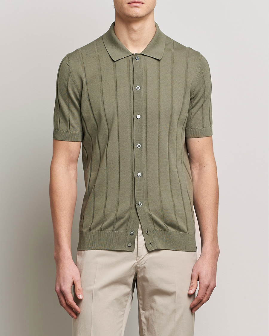 Herre | Skjorter | Lardini | Short Sleeve Knitted Cotton Crèpe Shirt Olive