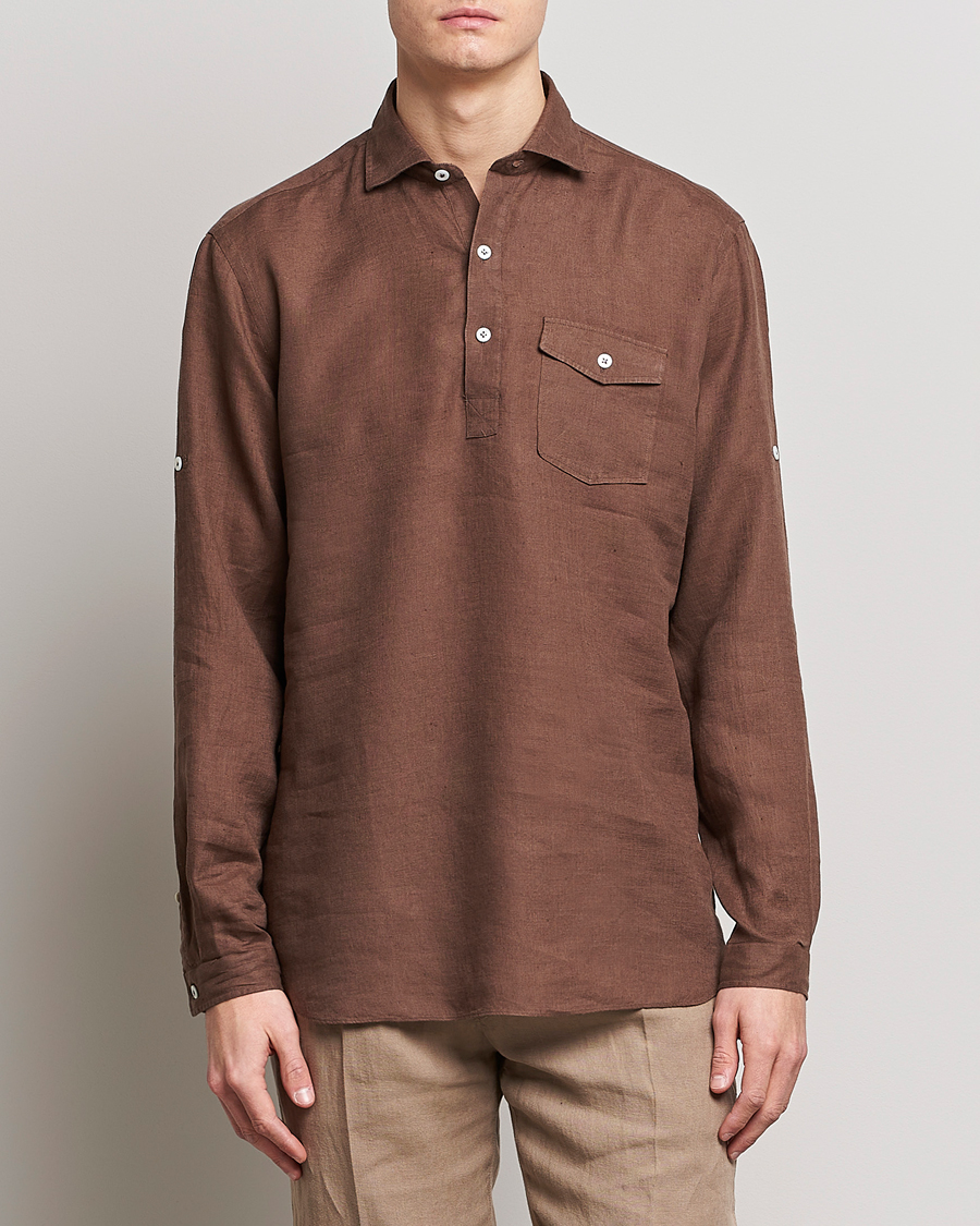 Herre | Hørskjorter | Lardini | Relaxed Linen Popover Shirt Brown