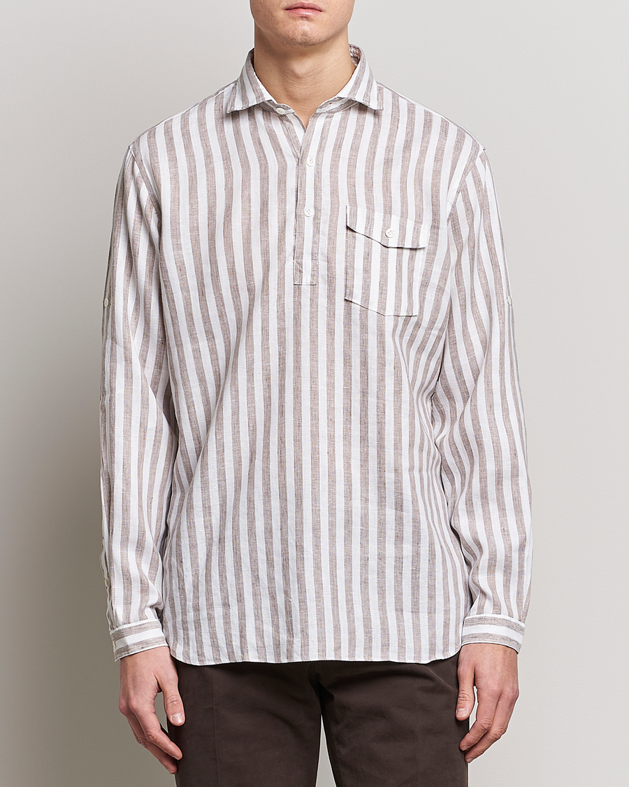 Herre | Skjorter | Lardini | Relaxed Striped Linen Popover Shirt Brown/White