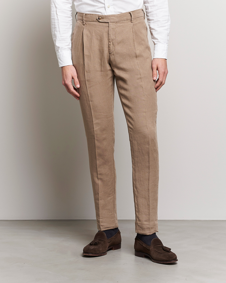 Herre | Hørbukser | Lardini | Pleated Linen Trousers Beige