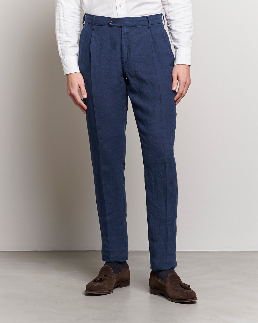 Herre | Bukser | Lardini | Pleated Linen Trousers Navy
