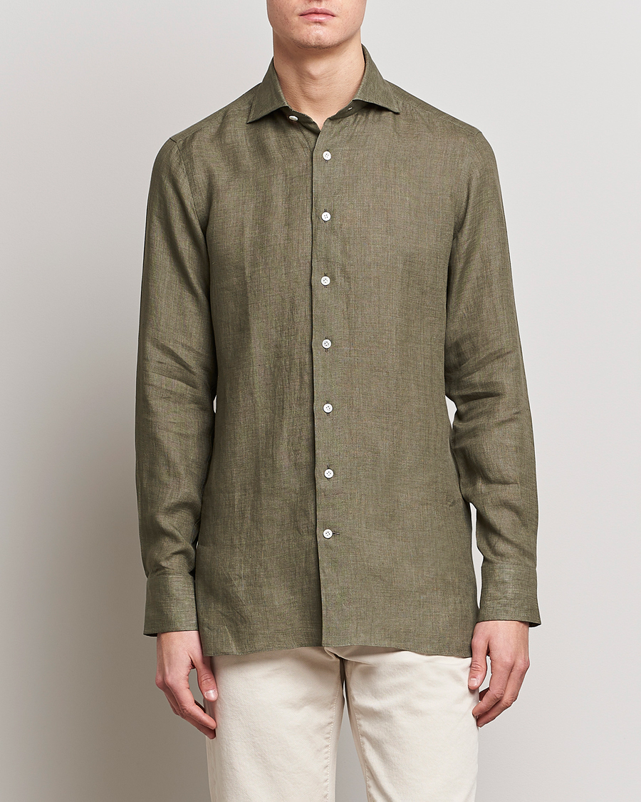 Herre | Hørskjorter | 100Hands | Signature Linen Cut Away Shirt Green