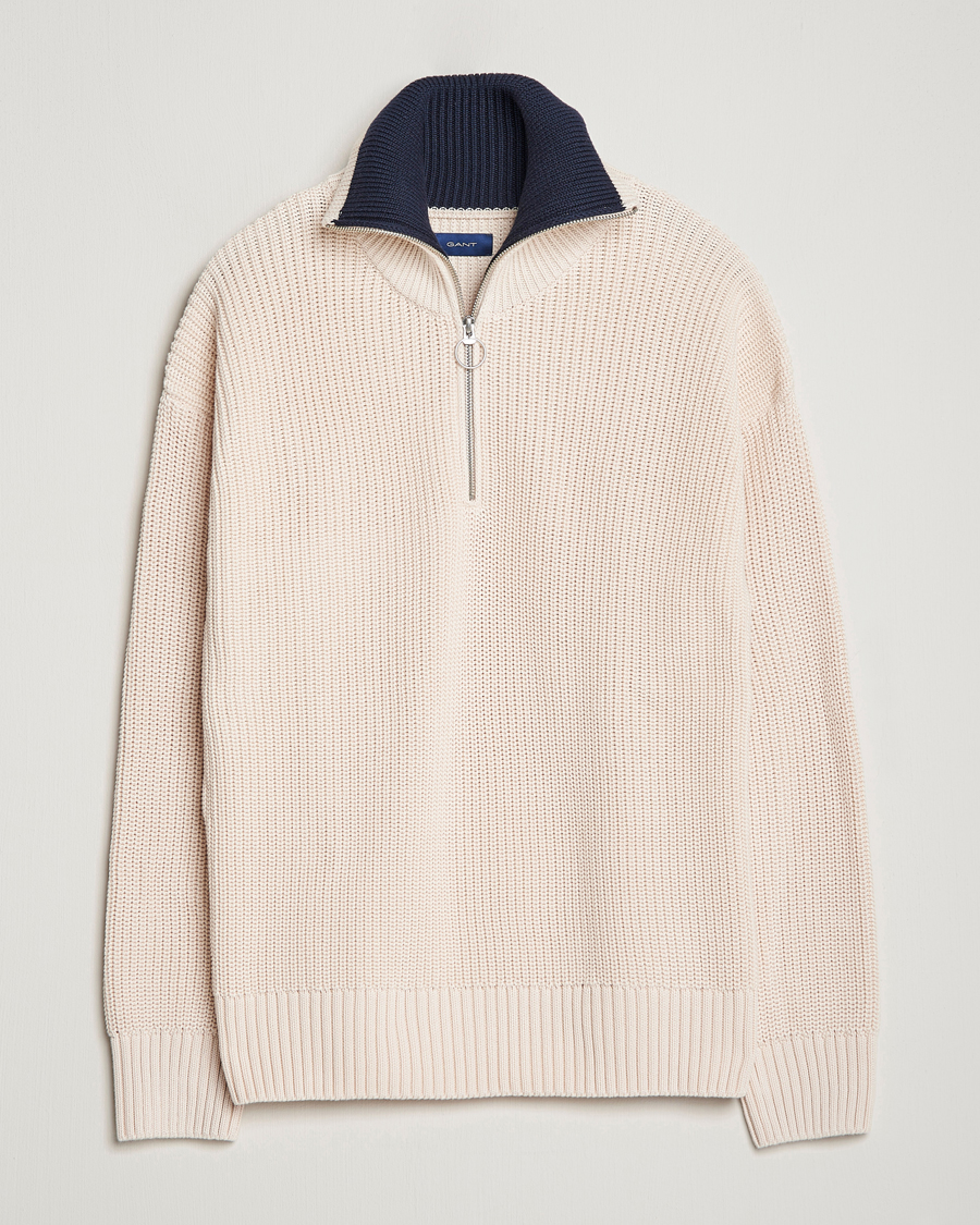 Herre | Trøjer | GANT | Chunky Ribbed Knitted Half-Zip Linen White