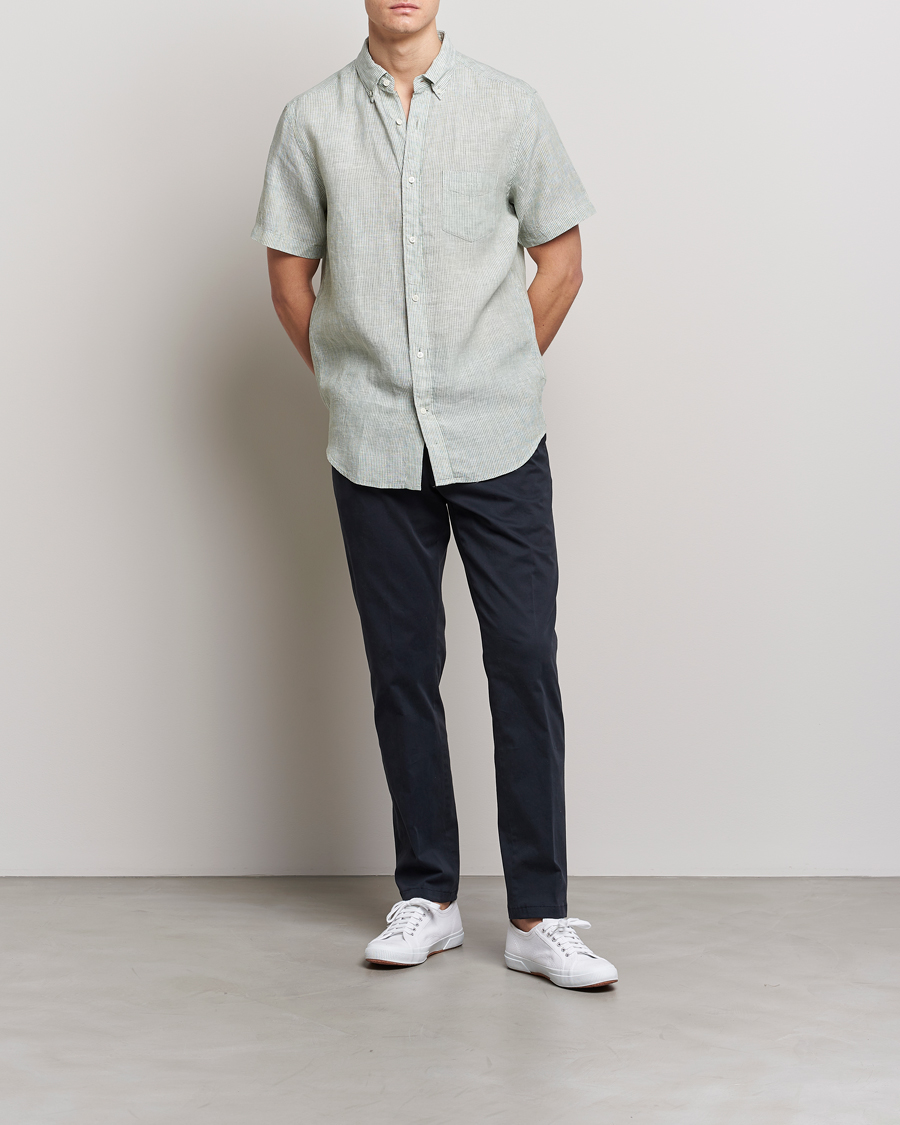 Herre | Skjorter | GANT | Regular Fit Striped Linen Short Sleeve Shirt Calamata Green