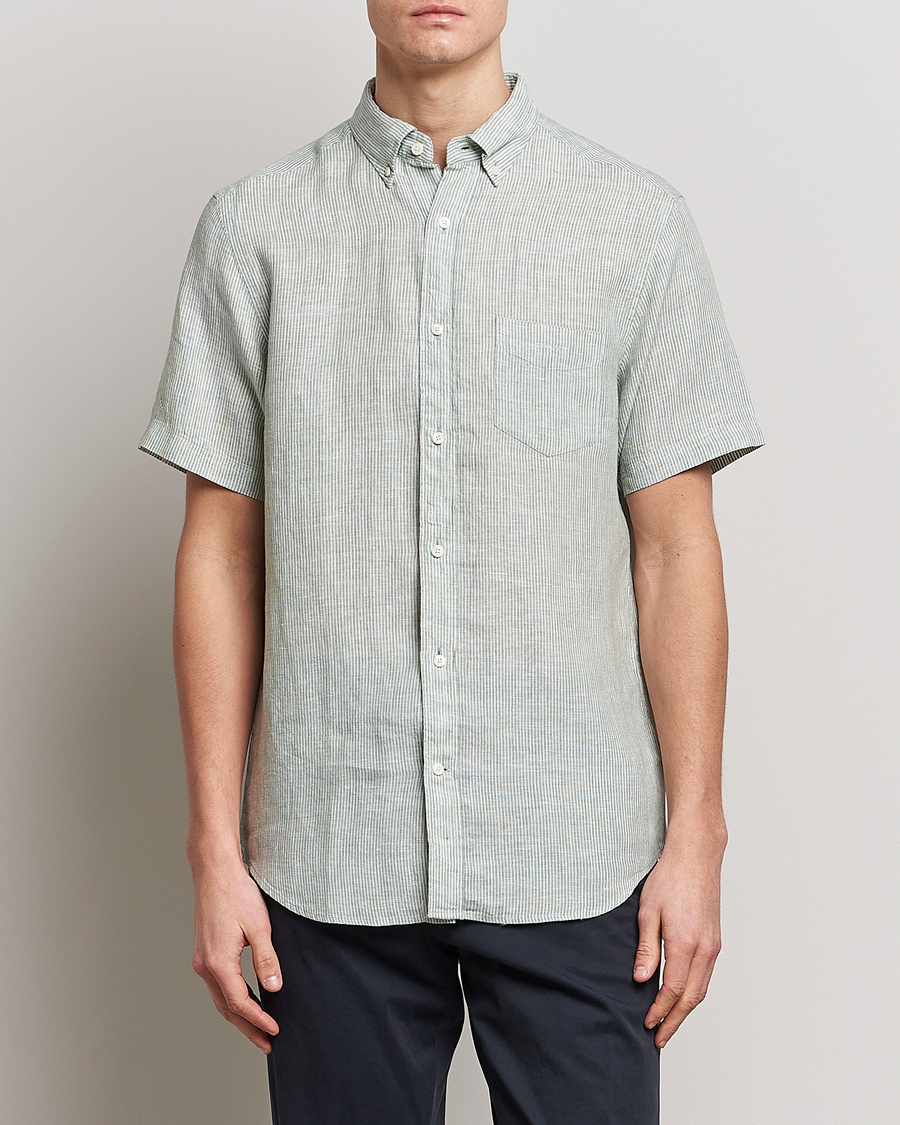 Herre | Kortærmede skjorter | GANT | Regular Fit Striped Linen Short Sleeve Shirt Calamata Green