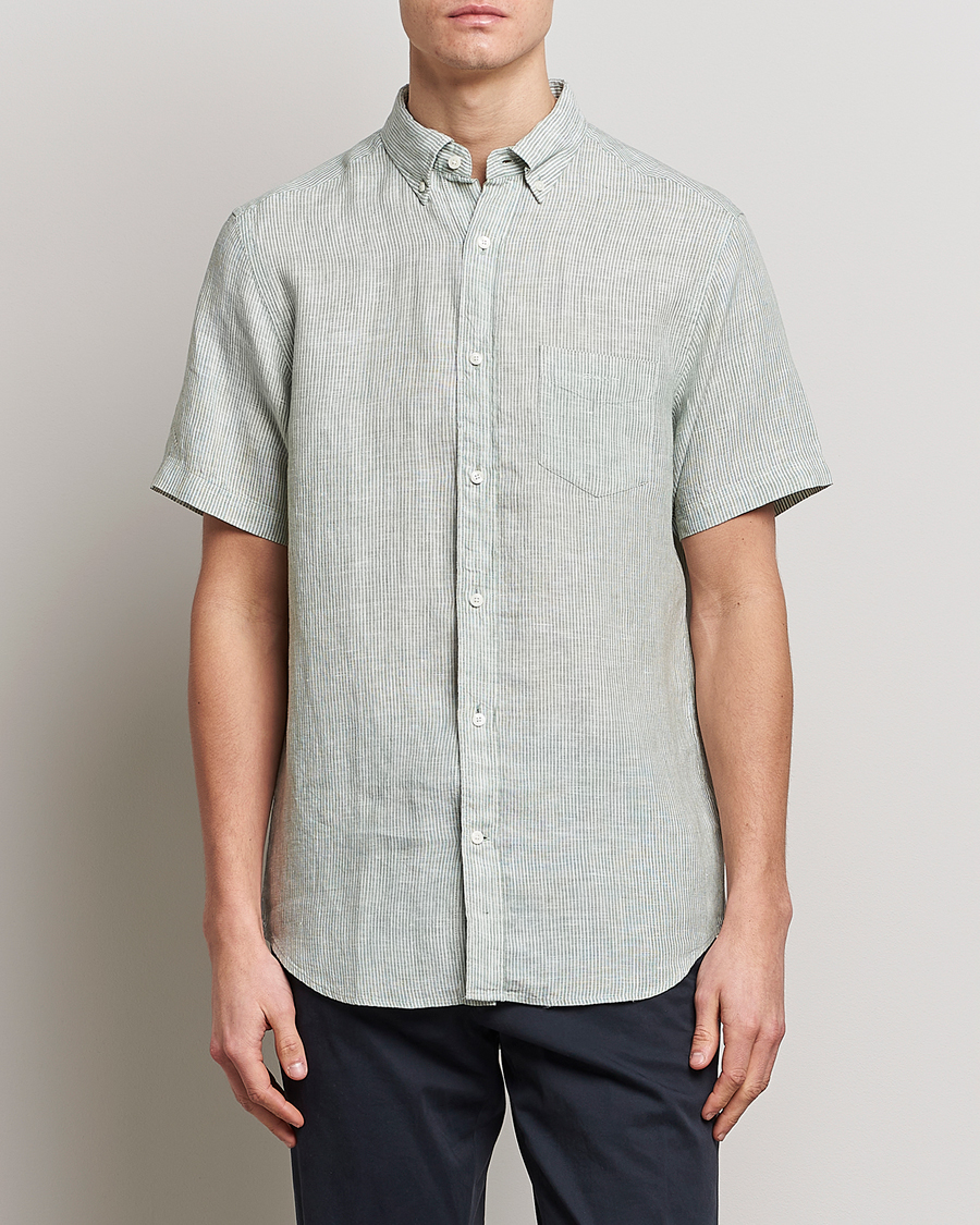 Herre | Skjorter | GANT | Regular Fit Striped Linen Short Sleeve Shirt Calamata Green