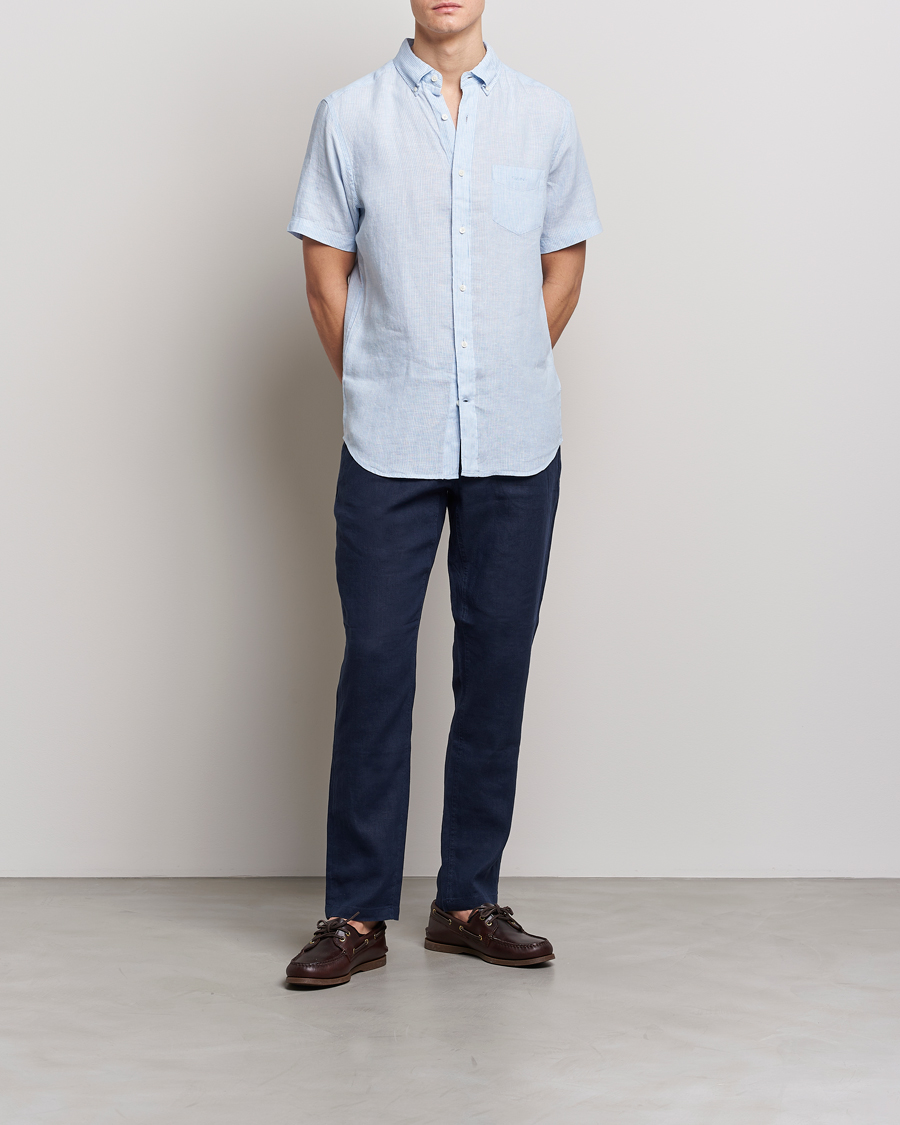 Herre | Skjorter | GANT | Regular Fit Striped Linen Short Sleeve Shirt Capri Blue
