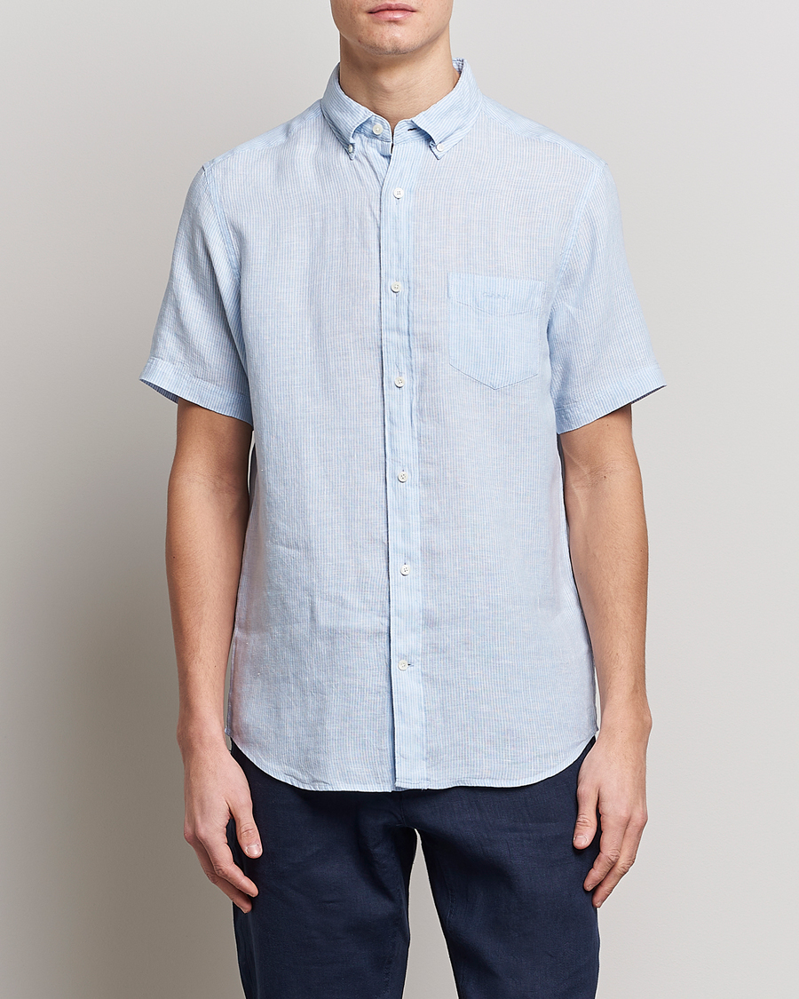Herre | Kortærmede skjorter | GANT | Regular Fit Striped Linen Short Sleeve Shirt Capri Blue