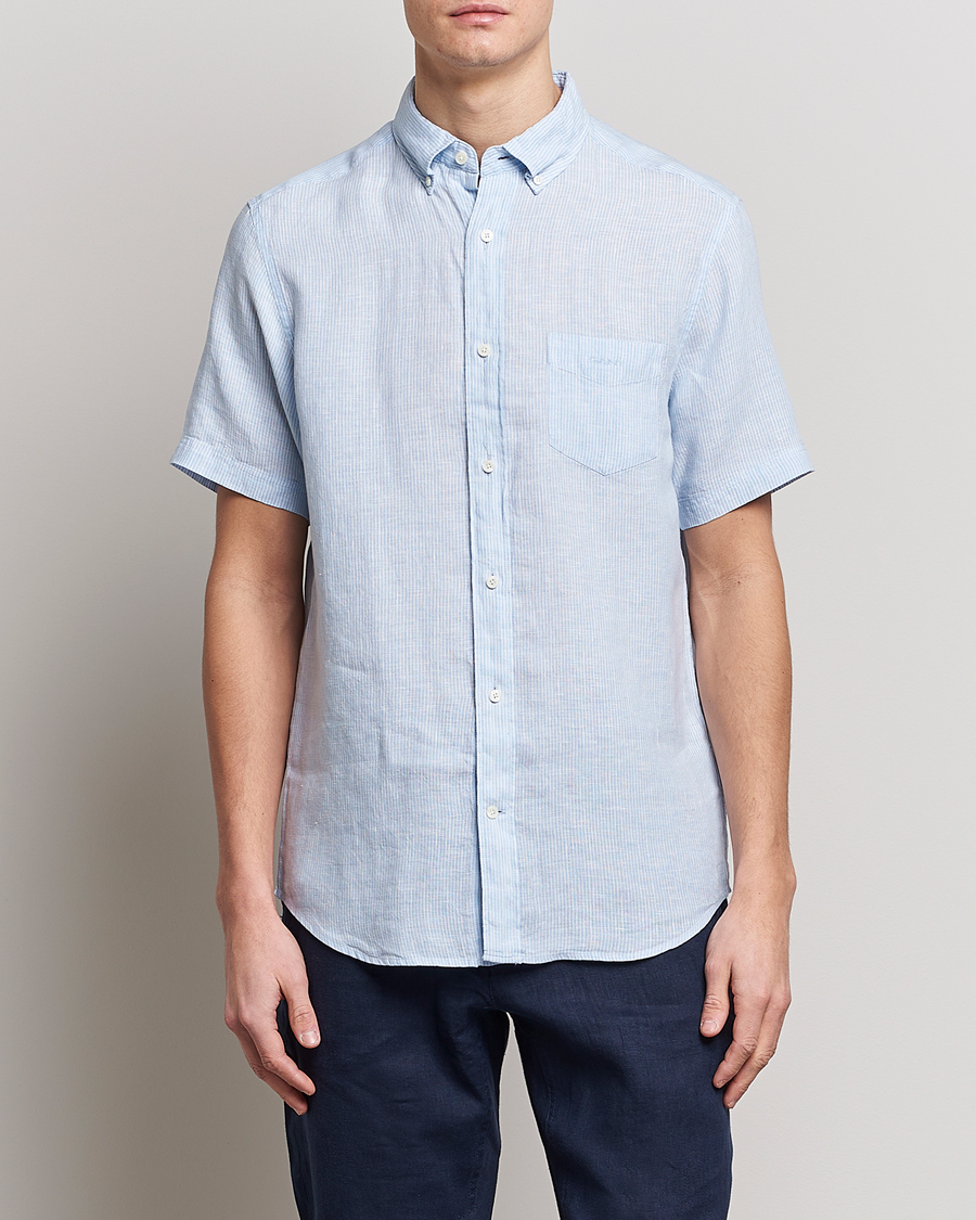 Herre | Skjorter | GANT | Regular Fit Striped Linen Short Sleeve Shirt Capri Blue