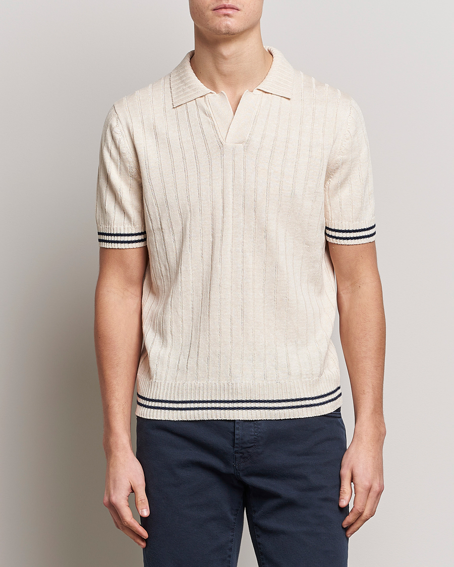 Herre |  | Gran Sasso | Cotton/Linen Structured Knitted Polo Cream