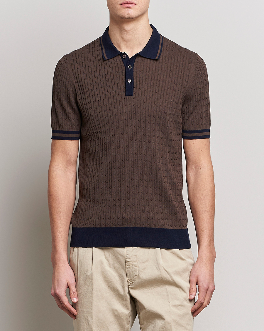 Herre | Polotrøjer | Gran Sasso | Cable Knitted Contrast Polo Dark Brown