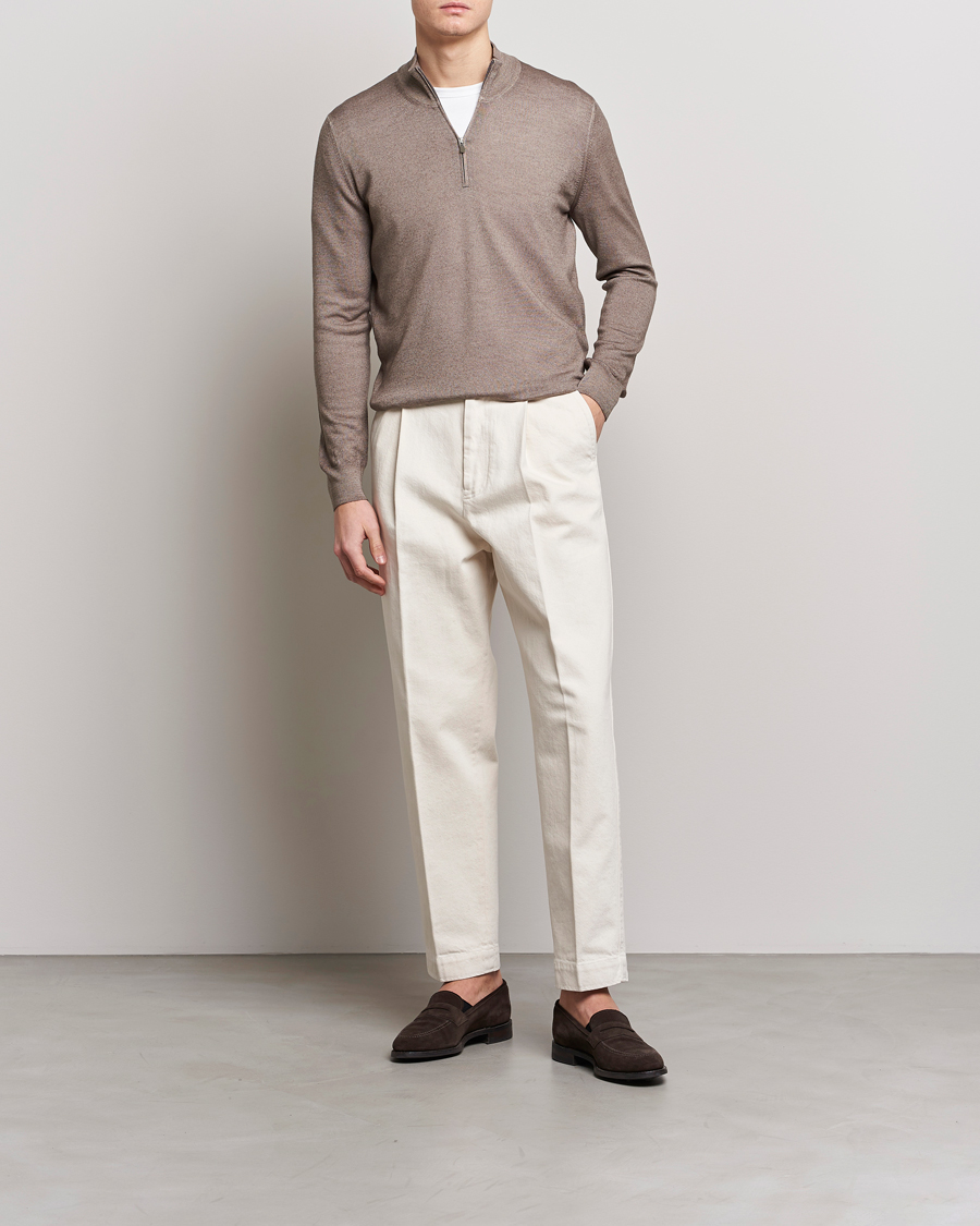 Herre | Trøjer | Gran Sasso | Summer Merino Half Zip Sweater Brown Melange