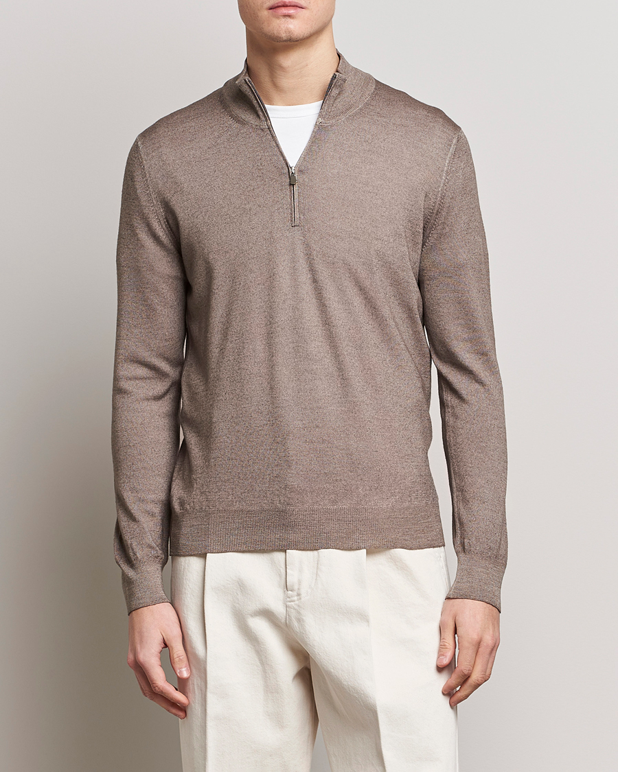Herre | Trøjer | Gran Sasso | Summer Merino Half Zip Sweater Brown Melange