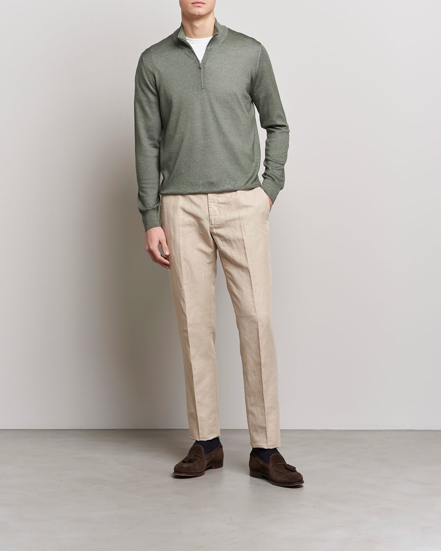 Herre | Trøjer | Gran Sasso | Summer Merino Half Zip Sweater Green Melange