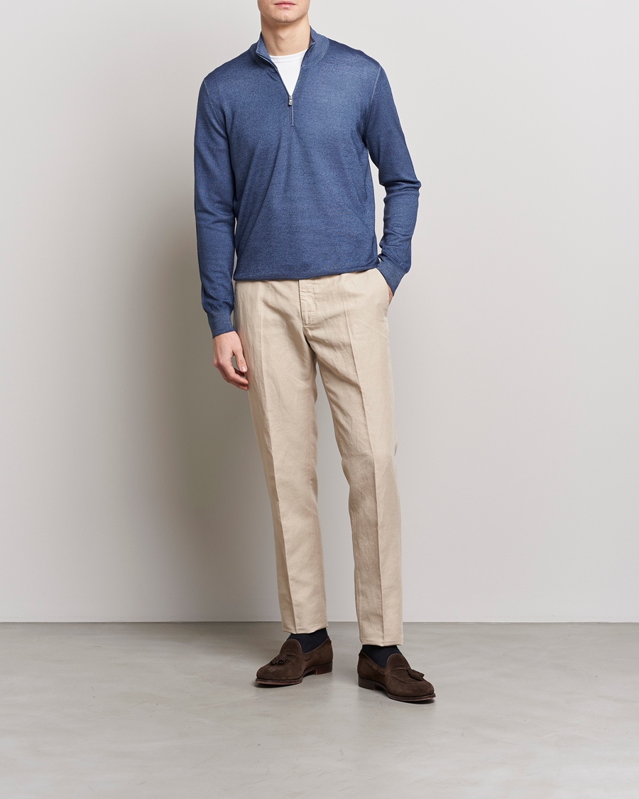 Herre | Trøjer | Gran Sasso | Summer Merino Half Zip Sweater Blue Melange