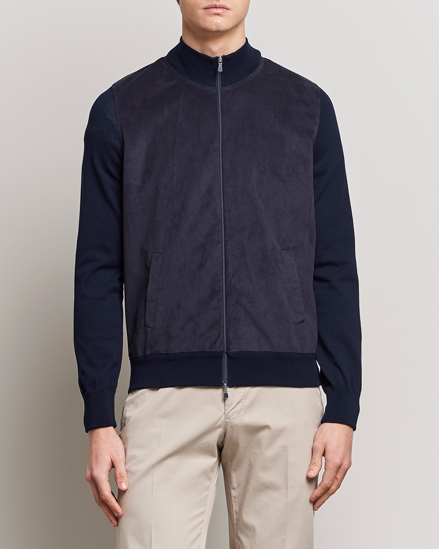 Herre | Full-zip | Gran Sasso | Knitted Cotton/Alcantara Full Zip Navy