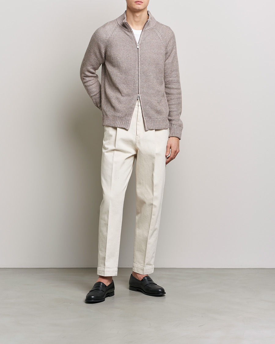 Herre | Trøjer | Gran Sasso | Structured Cotton/Linen Full Zip Beige Melange