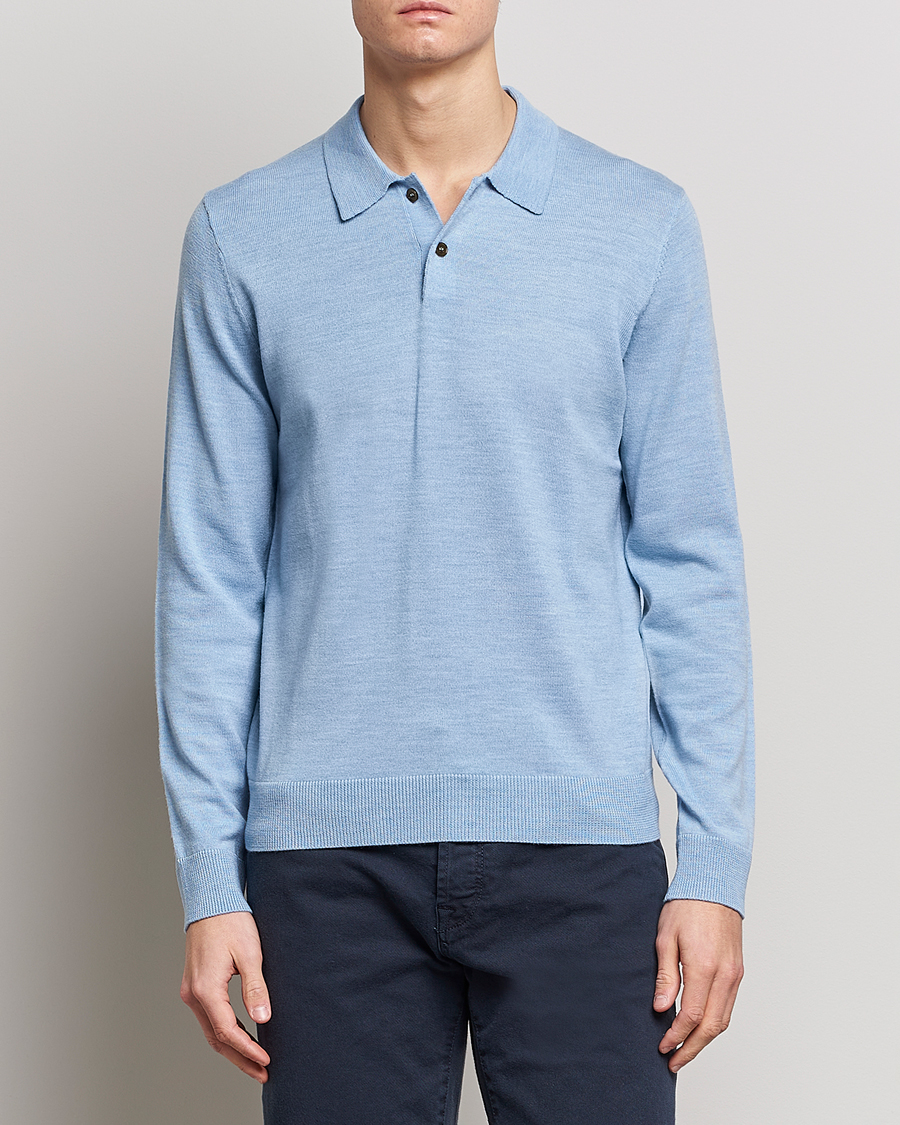 Herre | Strikkede polotrøjer | Morris | Merino Knitted Polo Light Blue