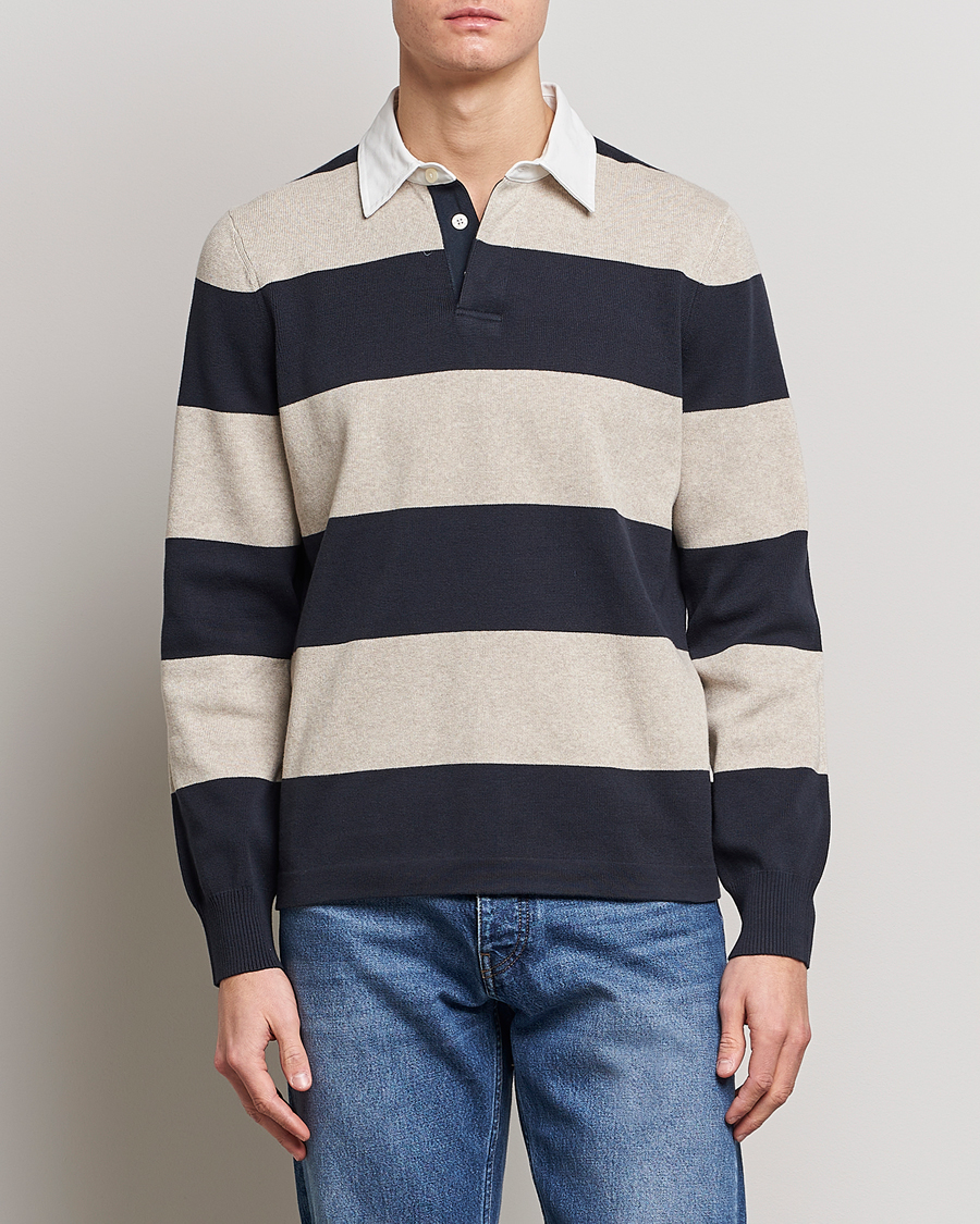 Herre | Trøjer | Morris | George Knitted Striped Rugger Grey/Navy