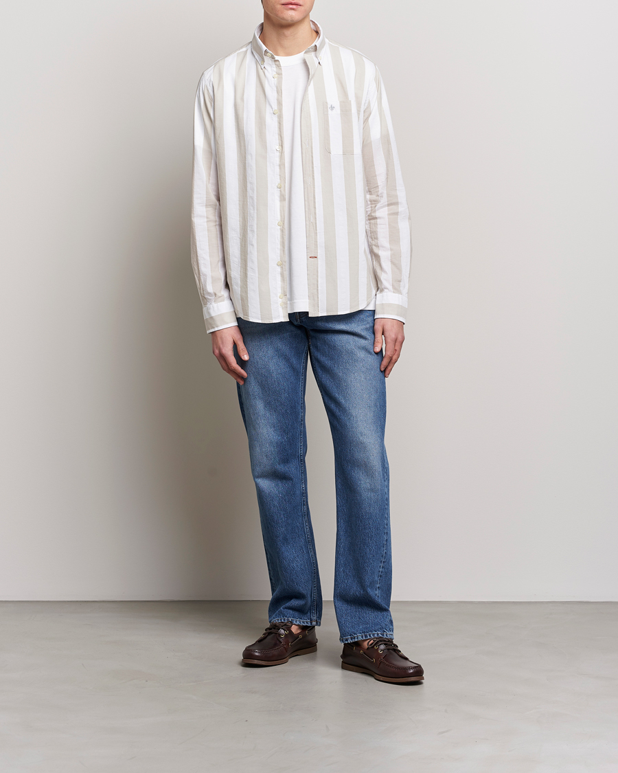 Herre | Skjorter | Morris | Cotton Blockstripe Button Down Shirt Khaki/White