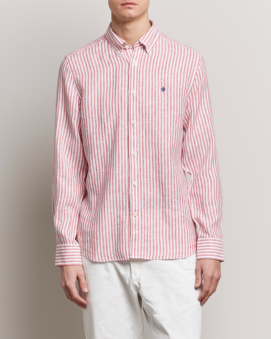 Herre | Hørskjorter | Morris | Douglas Linen Button Down Striped Shirt Orange/White