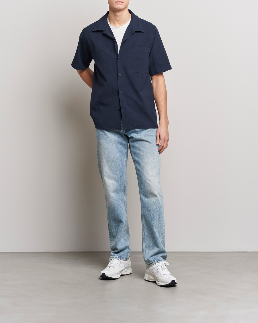 Herre | Skjorter | NN07 | Julio Seersucker Short Sleeve Shirt Navy Blue