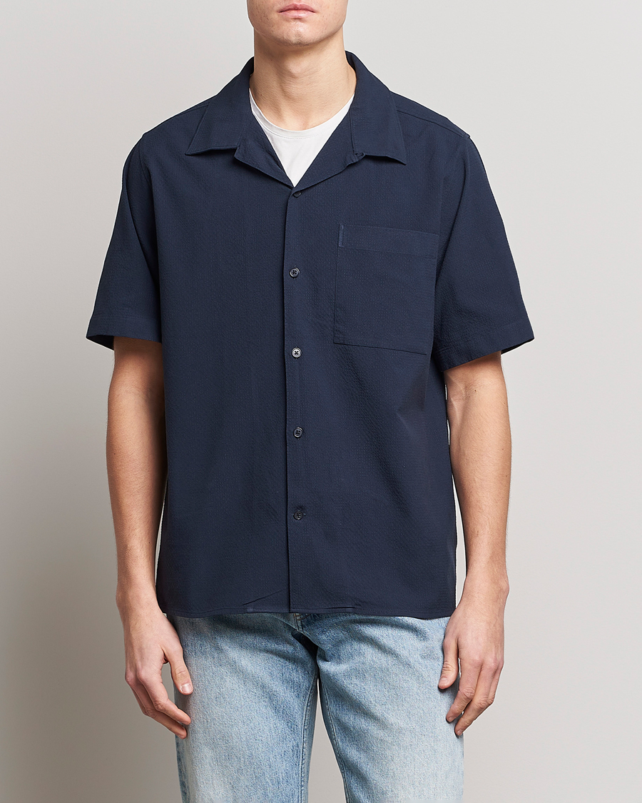 Herre | Skjorter | NN07 | Julio Seersucker Short Sleeve Shirt Navy Blue