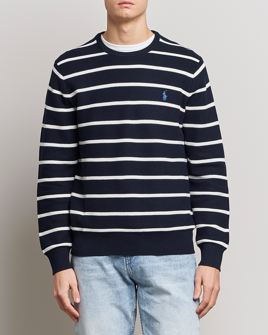 Herre |  | Polo Ralph Lauren | Textured Striped Crew Neck Sweater Navy/White