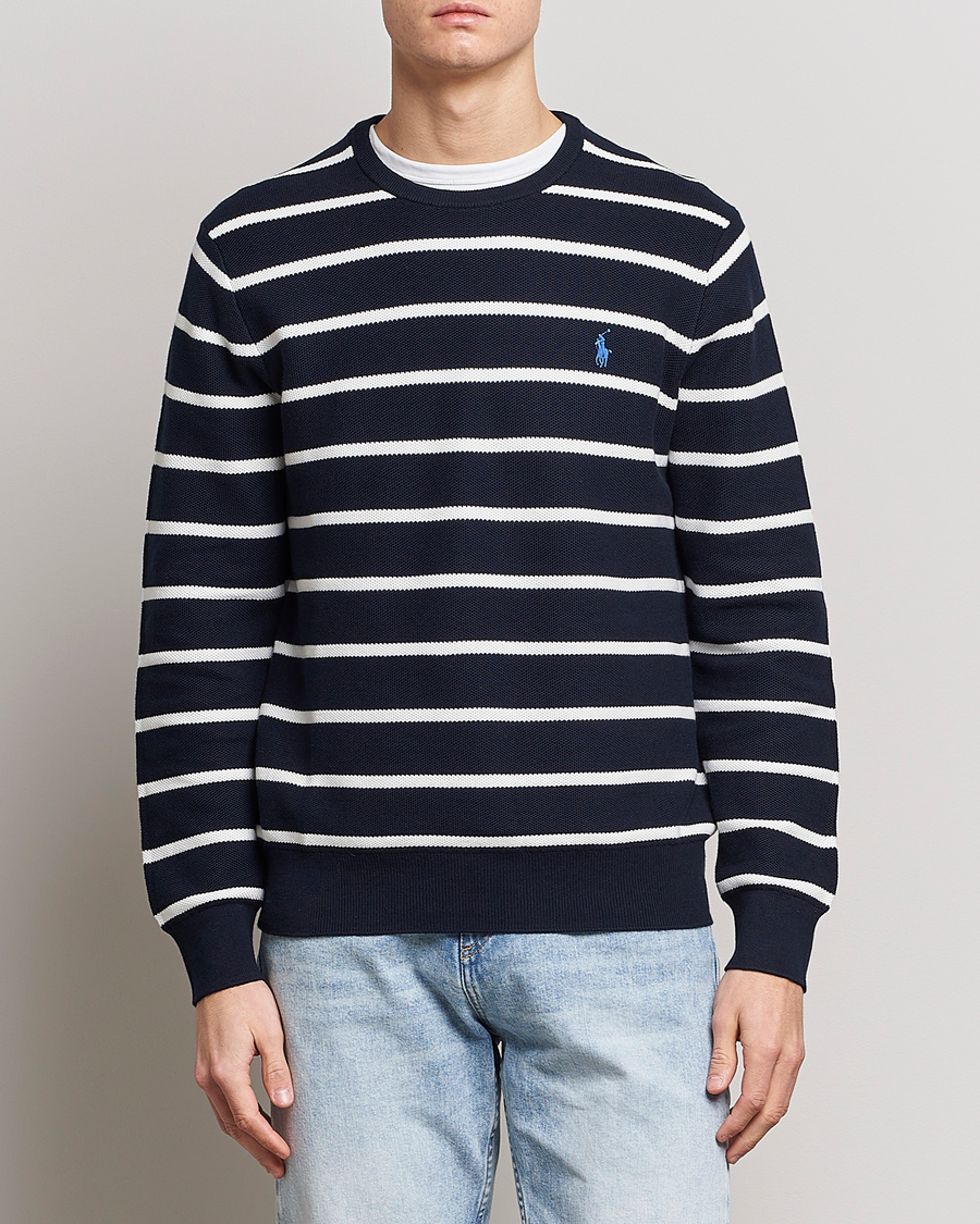 Herre | Trøjer | Polo Ralph Lauren | Textured Striped Crew Neck Sweater Navy/White