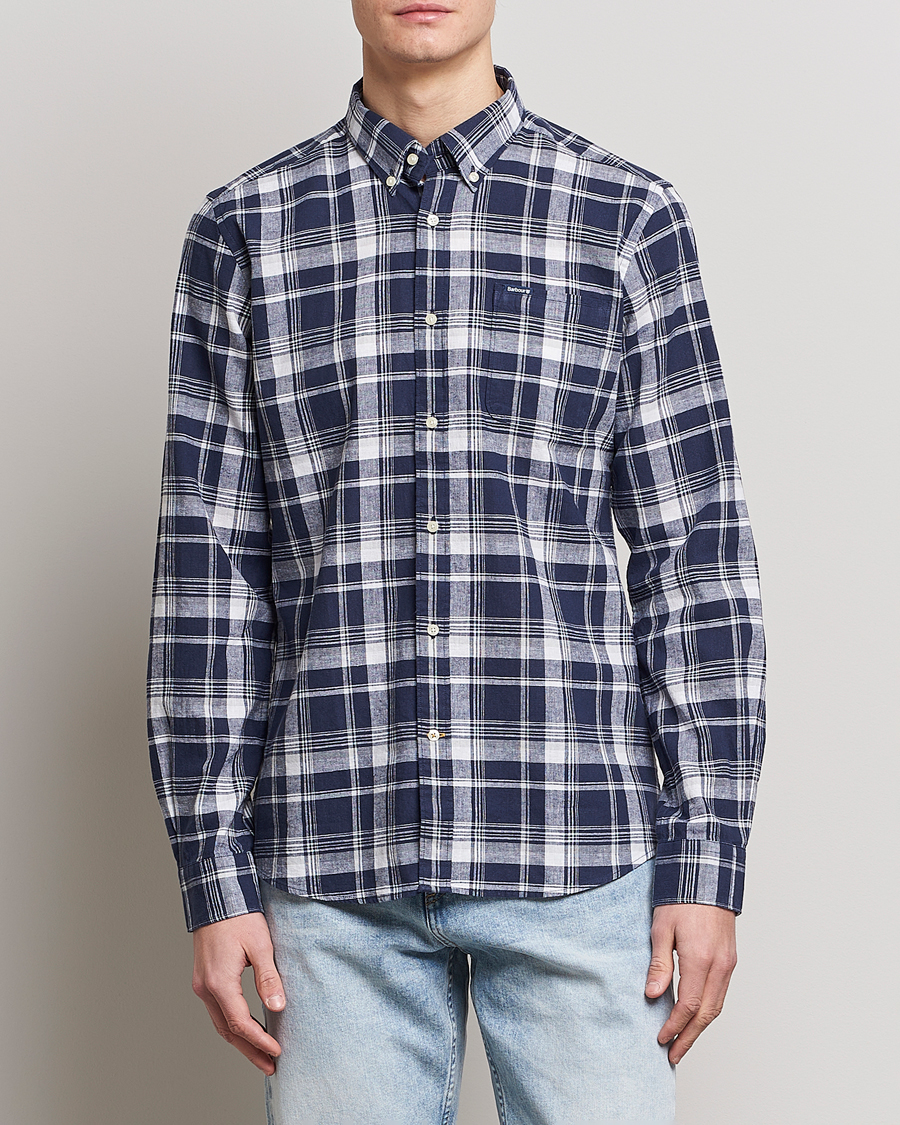 Herre | Skjorter | Barbour Lifestyle | Tailored Fit Ezra Cotton/Linen Checked Shirt Navy