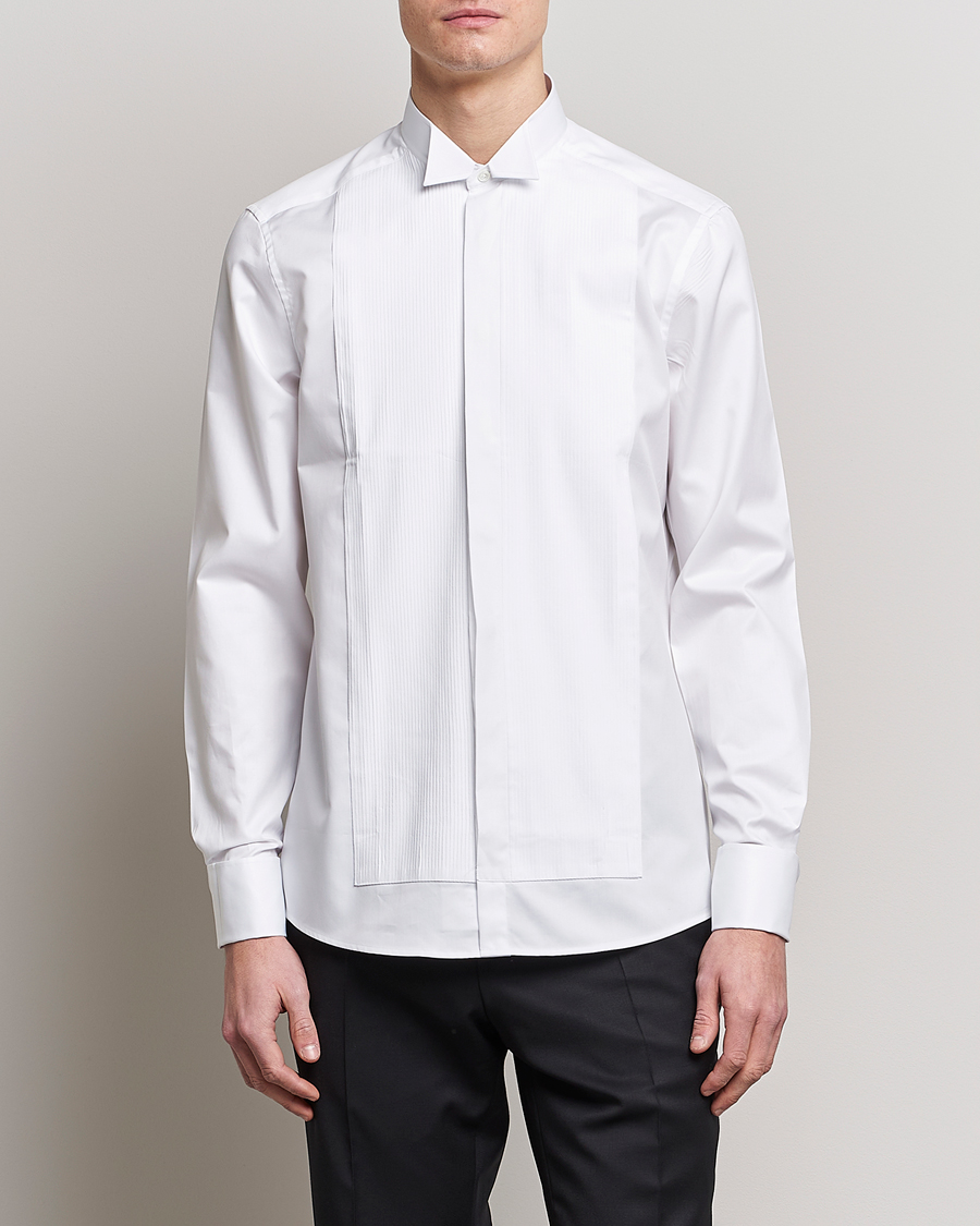 Herre | Formelle | Stenströms | Slimline Stand Up Collar Plissè Shirt White