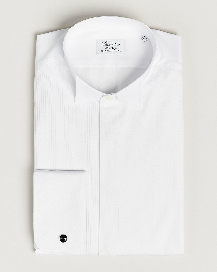 Herr |  | Stenströms | Fitted Body Stand Up Collar Plissè Shirt White