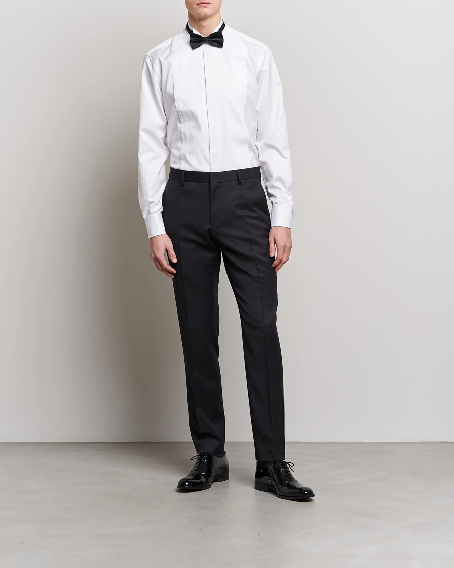 Herre | Black Tie | Stenströms | Fitted Body Stand Up Collar Plissè Shirt White