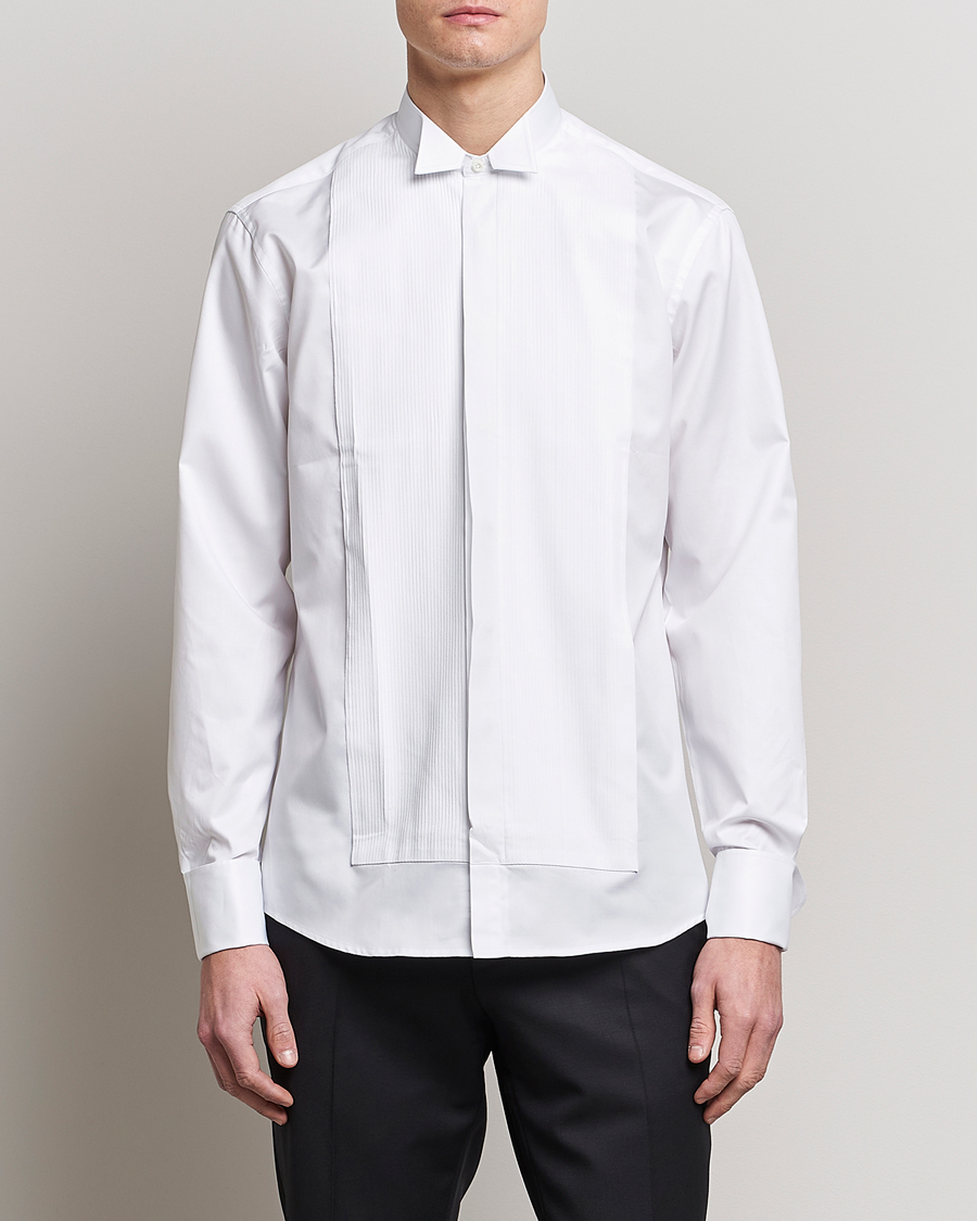 Herre | Black Tie | Stenströms | Fitted Body Stand Up Collar Plissè Shirt White