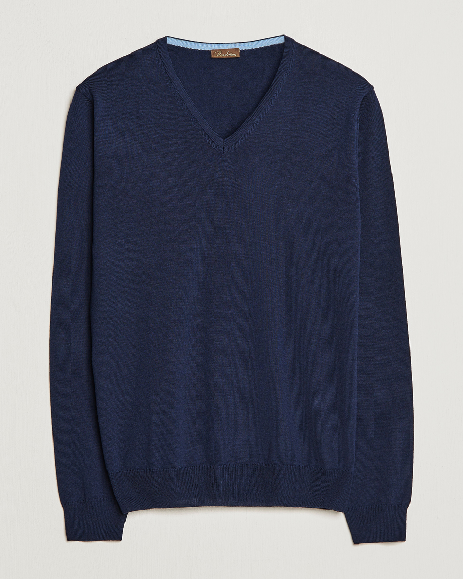 Herre |  | Stenströms | Merino Patch V-Neck Navy/Light Blue