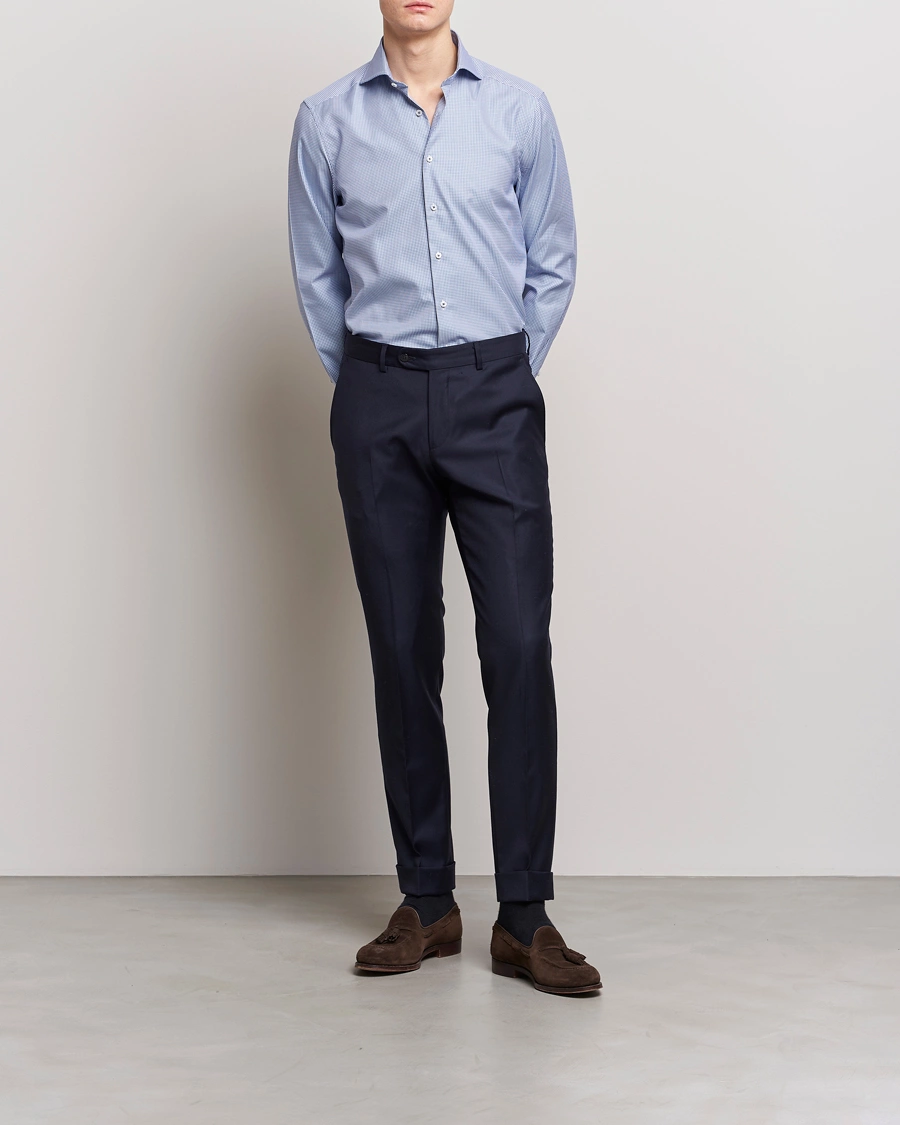 Herre | Businesskjorter | Stenströms | Slimline Small Check Cut Away Shirt Blue