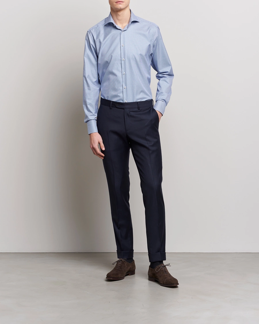 Men | Business Shirts | Stenströms | Fitted Body Small Check Cut Away Shirt Blue