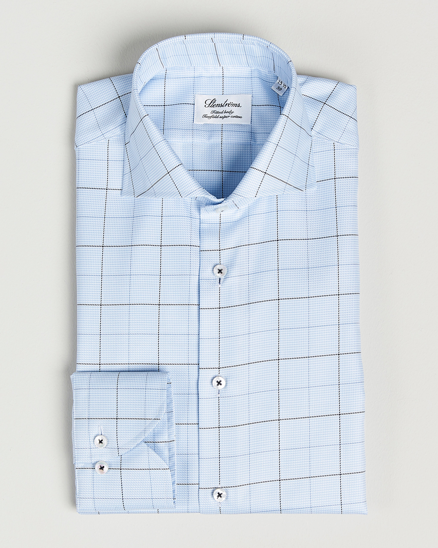 Herre |  | Stenströms | Fitted Body Cut Away Windowpane Shirt Blue