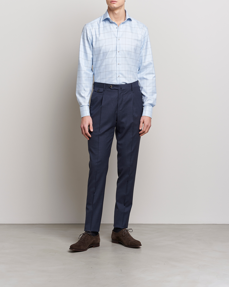 Herre | Formelle | Stenströms | Fitted Body Cut Away Windowpane Shirt Blue