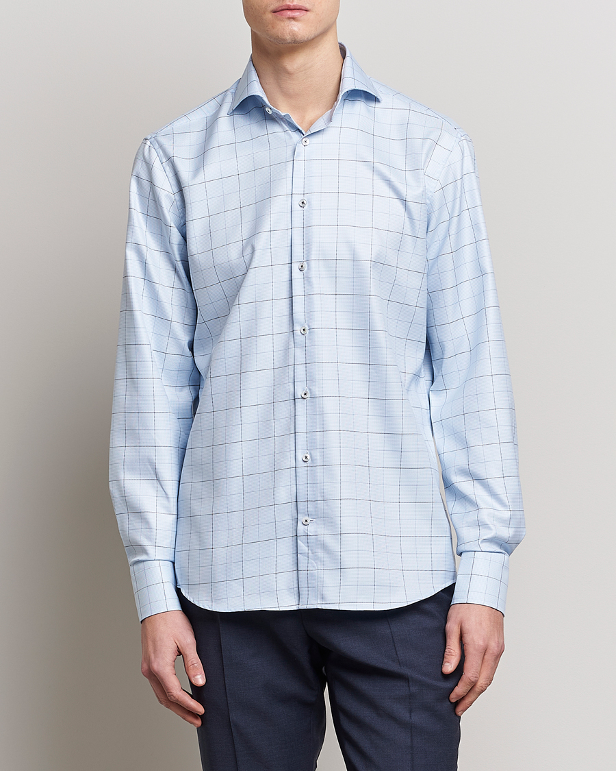 Herre | Businesskjorter | Stenströms | Fitted Body Cut Away Windowpane Shirt Blue