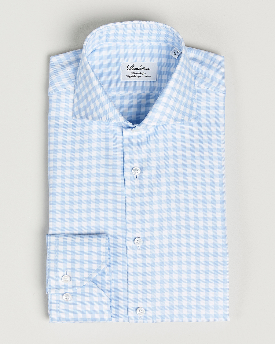 Herre |  | Stenströms | Fitted Body Checked Cut Away Shirt Light Blue