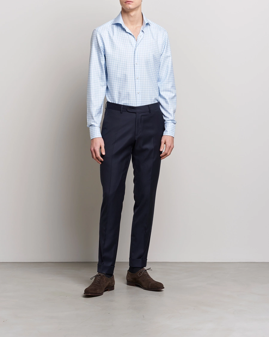 Herre | Formelle | Stenströms | Fitted Body Checked Cut Away Shirt Light Blue