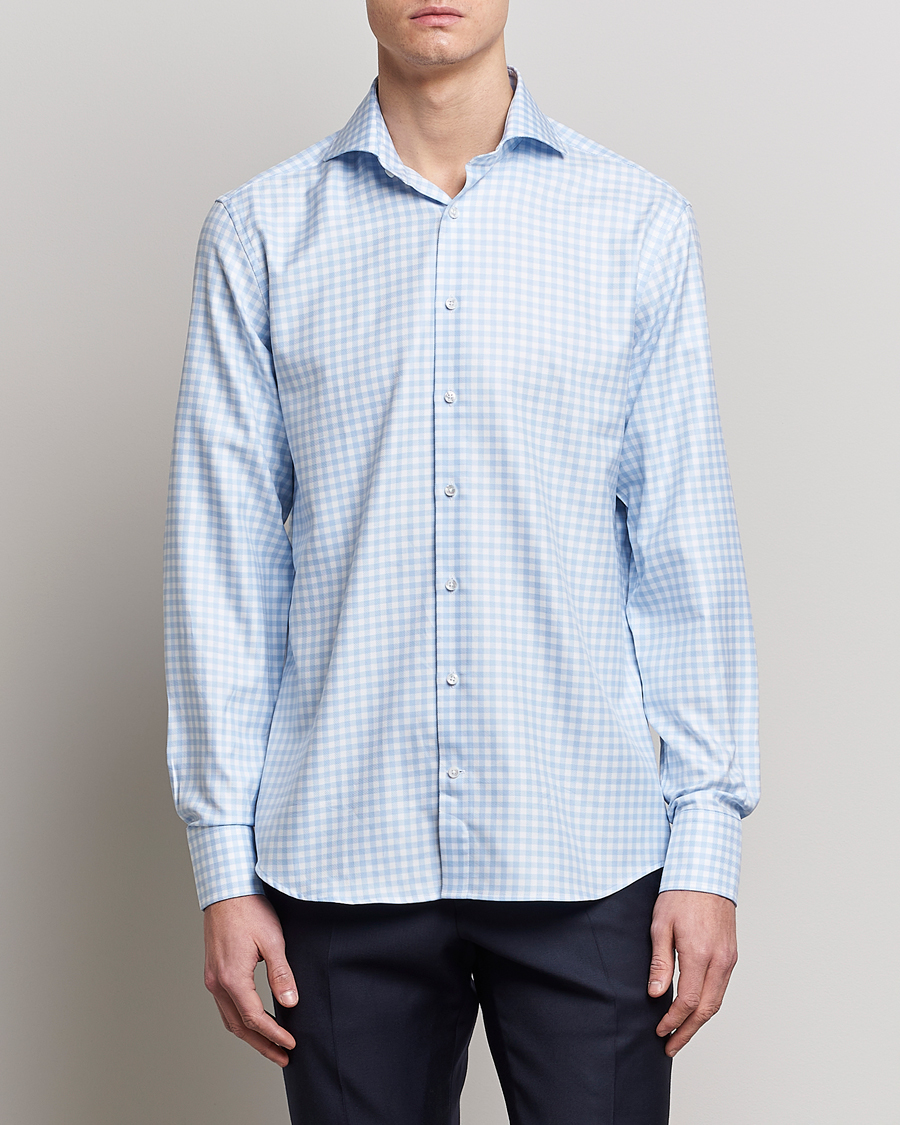 Herre | Businesskjorter | Stenströms | Fitted Body Checked Cut Away Shirt Light Blue