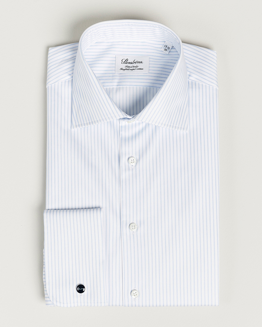 Herre | Skjorter | Stenströms | Fitted Body Cotton Double Cuff Shirt White/Blue