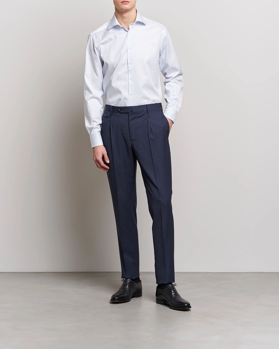Herre | Tøj | Stenströms | Fitted Body Cotton Double Cuff Shirt White/Blue