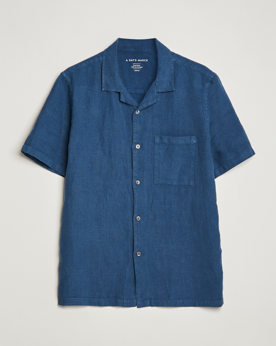 Herre | Skjorter | A Day's March | Yamu Short Sleeve Linen Shirt Indigo Blue