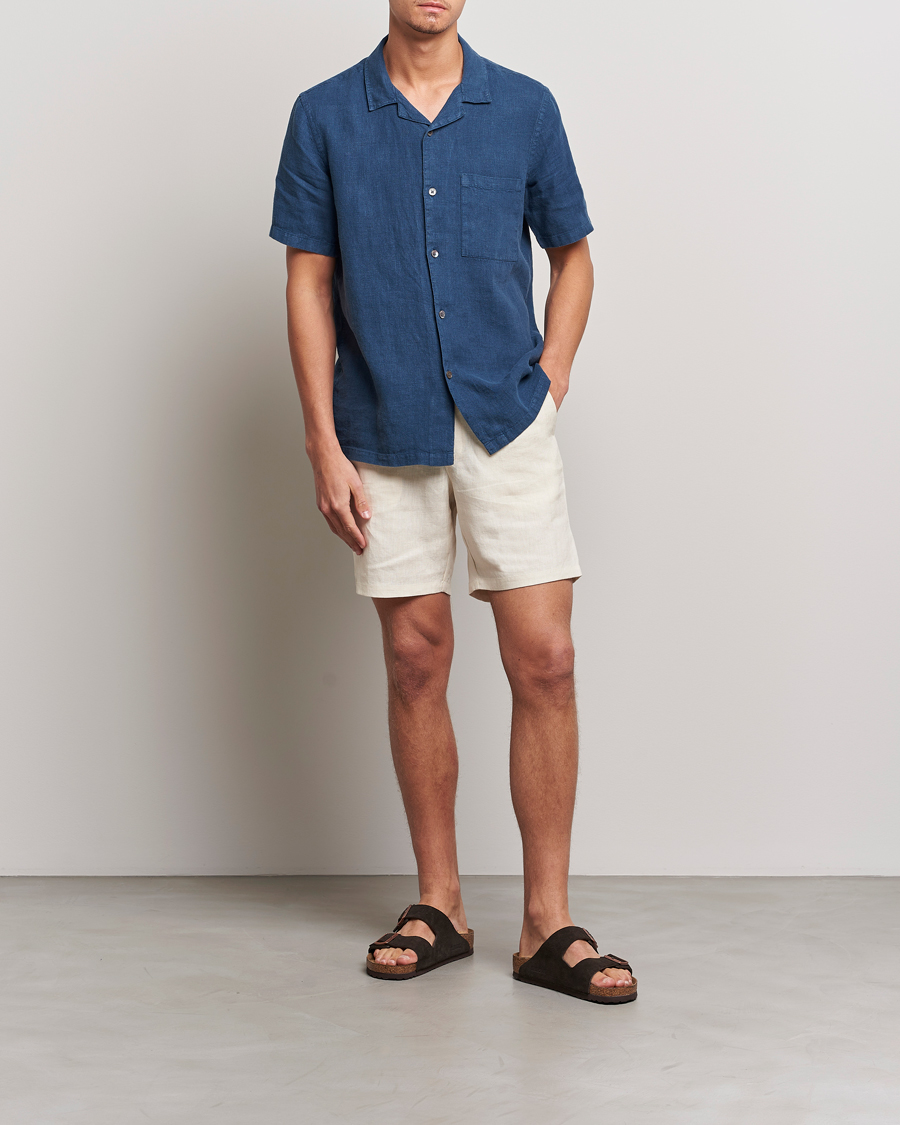 Herre | Skjorter | A Day's March | Yamu Short Sleeve Linen Shirt Indigo Blue
